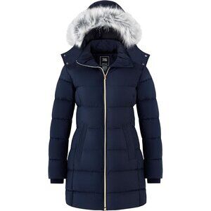 Women's Removable Hood Winter Warm Navy Quilted Puffer Jacket Coat Length